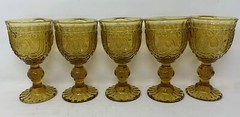 5 Vintage MCM Circle Glass Retro Embossed Stemmed Amber Wine Goblets Scalloped