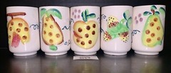 5 Ceramic Embossed Painted FRUIT Juice Cups Vintage Japan
