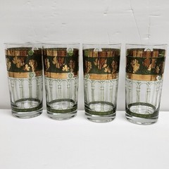 Lot of 4 VTG Cera Green MCM 24k Gold Grape Vines Pillar Highball Tumbler Barware