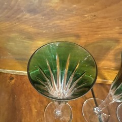 AJKA 6 5/8” Green Cut To Clear Champagne Flutes Vintage Set Of 3 Plus 1 Damaged