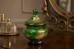 Bohemian antique 1890s emerald green glass jar with gilt floral enamel 7” Tall