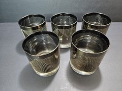 Vtg 1950s Set of 5 On The Rocks Drinking Glasses Black~Silver Textured Geometric
