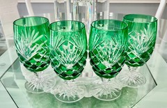 4 EMERALD GREEN cased cut to clear Water Wine crystal Iced Beverag STORE CLOSING