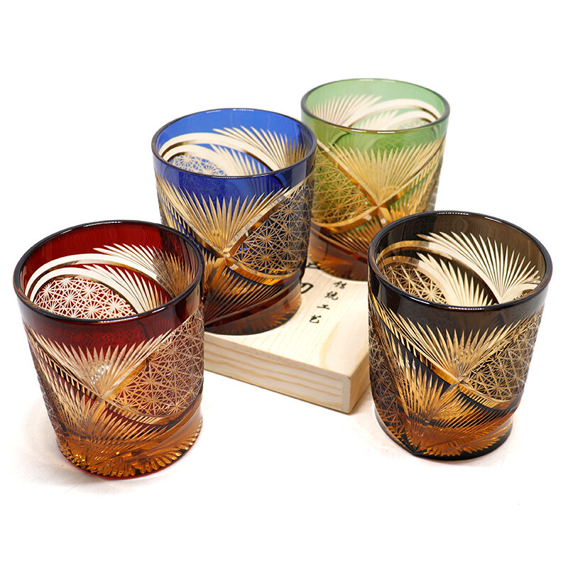 4PCS Japan Style Edo Kiriko Drinkware Hand Cut To 4Color Whisky Glasses Set 9oz