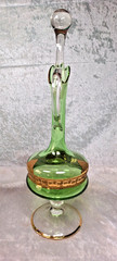 Venetian Green Glass Decanter Bottle W/ 6 Glasses 16.5″ Gold Gilt Italy Vintage