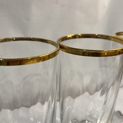 4 Clear Glass Tumbler Gold Rim Ribbed Swirl Weighted Bottom 6.5”. A49
