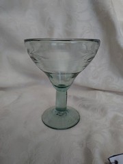 Hand Blown Etched 6in Margarita Glass Pale Green Tint Recycled Glass Mexico