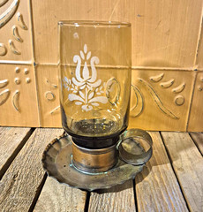 Vintage Pfaltzgraff Village glass Tumbler With Brass Saucer