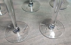 5 Crystal Cut Glass Floral Leaf Pattern Pillar Optic Wine Stems 6-3/4″ Vintage