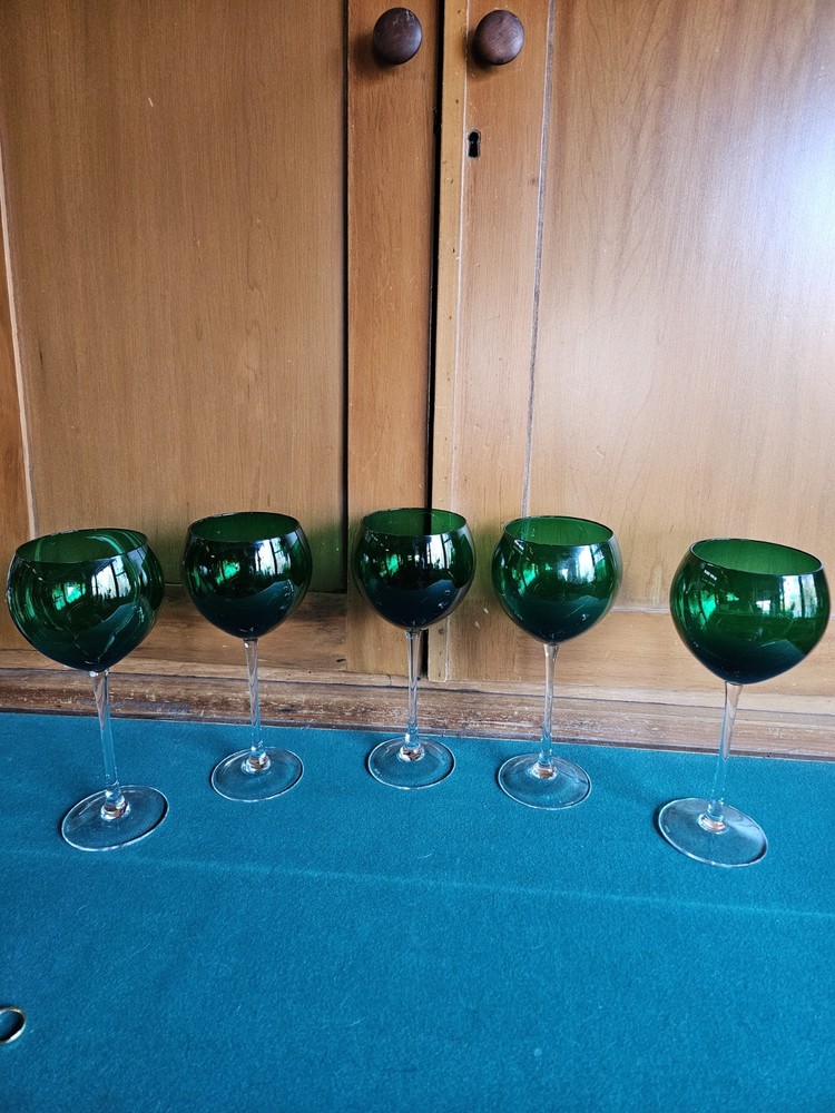 Set of 5 Lenox Holiday Gems Emerald Green Balloons Crystal Wine Glasses