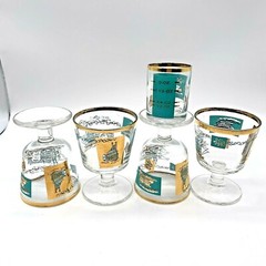 4 Libbey MCM Barware cocktail Glasses, Turquoise And Gold Pedestal, 1 Jigger
