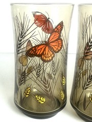 4 Vintage MCM Libbey Smoked Monarch Butterfly Wheat Tumblers Glasses Retro 5”