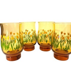 Vintage Libbey Amber Tulip Glasses Set of 4 Yellow Tulips 5 inches Tall