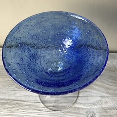 hand blown cobalt blue bubble martini glass clear stem and base rough pontil