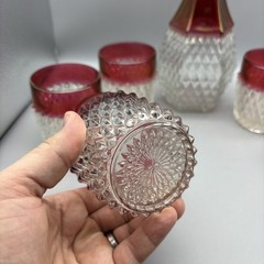 Indiana Glass Set Of 6 Diamond Point Ruby Glasses w/ Decanter & Topper