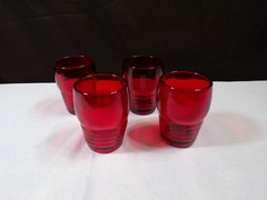 Set of 4 Ruby Red Glass Whiskey Glasses w/ Ribbed Design