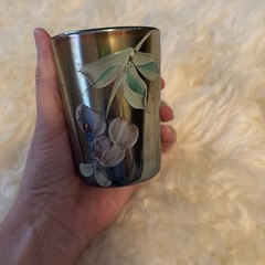 Fenton Blue Carnival Glass Tumbler Enamel Cherries Hand Paint Vintage