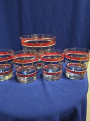 VTG MCM 6PC HARD TO FIND PATRIOTIC BAR SET W ICE BUCKET/HOLDER