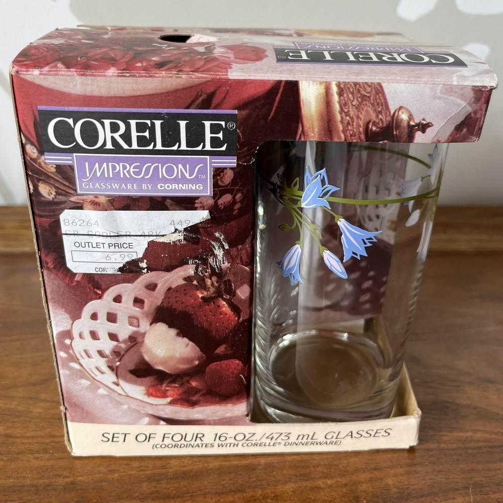 Unused CORELLE Impressions BLUE DUSK Set Of 4 Glass Tumblers Corning Box Vintage