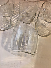 Set of 6 Vintage Grape design Etched Swig Glasses, Thin Beveled Glass, 3 1/4″