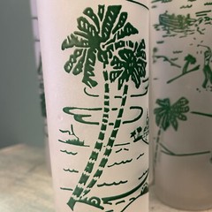 Vintage Set Of 4 Frosted Glass Vacation Themed palm trees sailboats Tumblers 430
