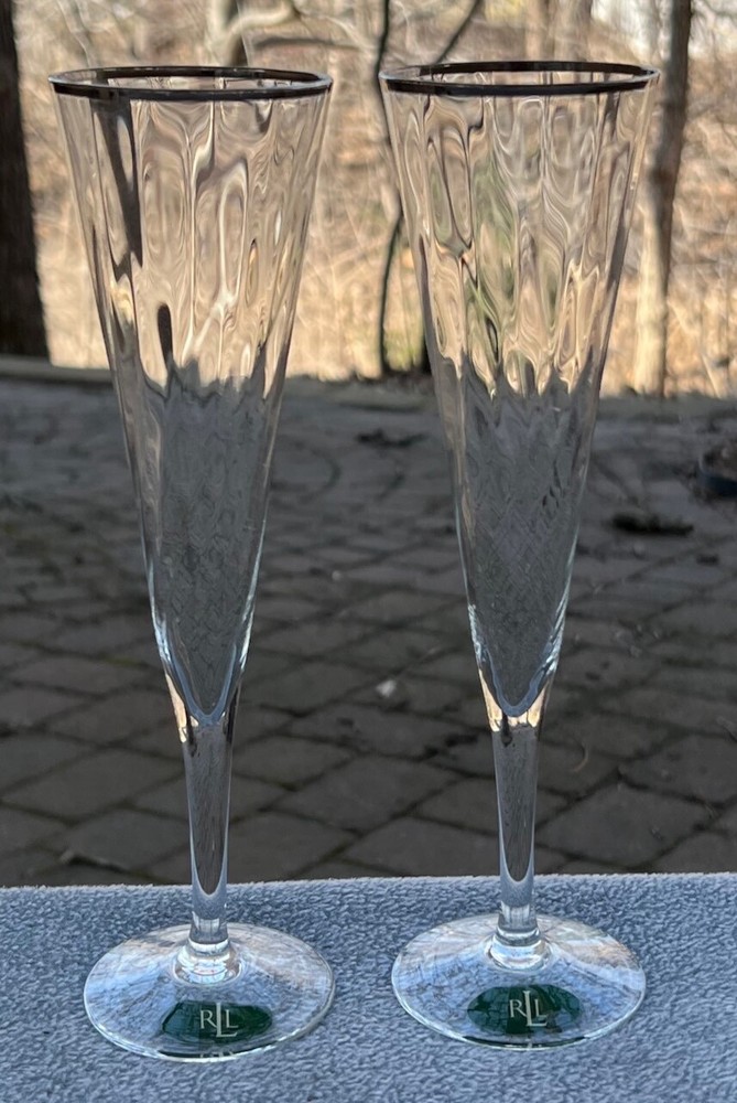 TWO Ralph Lauren Latham Platinum Champagne Flutes Glasses New w Label