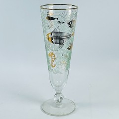 Vtg Libbey Marine Life Pilsner Glass 8.5″ Fish Seahorse Aqua Gold Coastal Bar