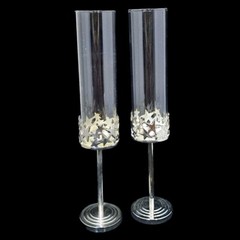 Set of 2 Glass Cylinder Toasting Flutes Set Silver Star Cluster Base Unique