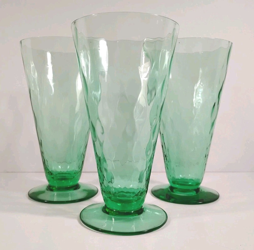 Vintage Optic Uranium Glass Footed Tumblers Set Of 4 Deep Green Glows 6″