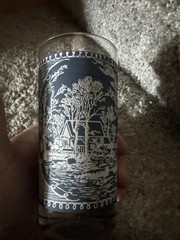 2 Vintage Currier & Ives Tumblers 12 Oz Glasses Blue On White Royal USA NICE +++