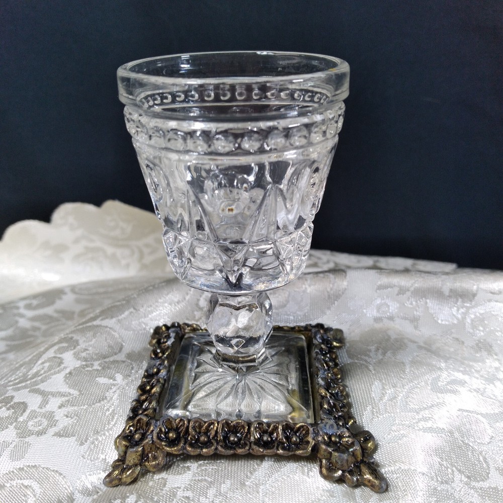 Vintage Indiana Glass Colony Park Lane Footed Floral Metal Base Shot Glasse