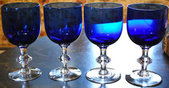 Vtg Set 4 Morgantown HAND BLOWN COBALT BLUE Water Goblets CLEAR STEM 6.5″