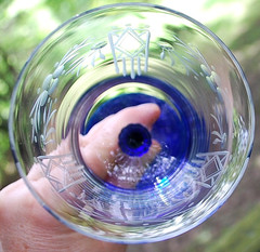 Antique Set 2 WATER GOBLET GLASSES Hand Blown ETCHED BOWL w/ COBALT BLUE STEMS