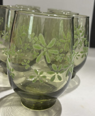 Vintage Libbey Green Mint Bouquet Daisy Pattern Set of 7 Tumblers Glass