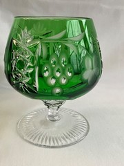 Ajka Marsala Emerald Green Cut to Clear Crystal Brandy Glass Cut Stem Hungary