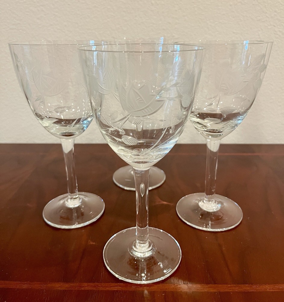 Vintage Etched Floral Water Wine Glasses 7 1/4” 11 Oz Set Of 4