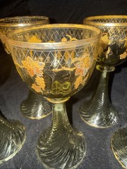 Set Of 5 Roman/ Wine Glass Trumpet Foot Grape Gold Decor Hand Painted Amber Glas
