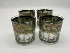 Vintage Cera ‘Golden Grapes’ Green Rocks Glasses 22-Karat Gold Old Fashioned MCM
