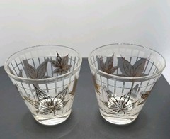 MCM Fred Press Lowball Glasses 22kt Gold Maple Leaf Frosted Stripes Set Of Two