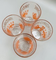 Federal Glass 5″ Tall-10 oz Tumblers Decorated W/Orange Teapots W/ Gold USA