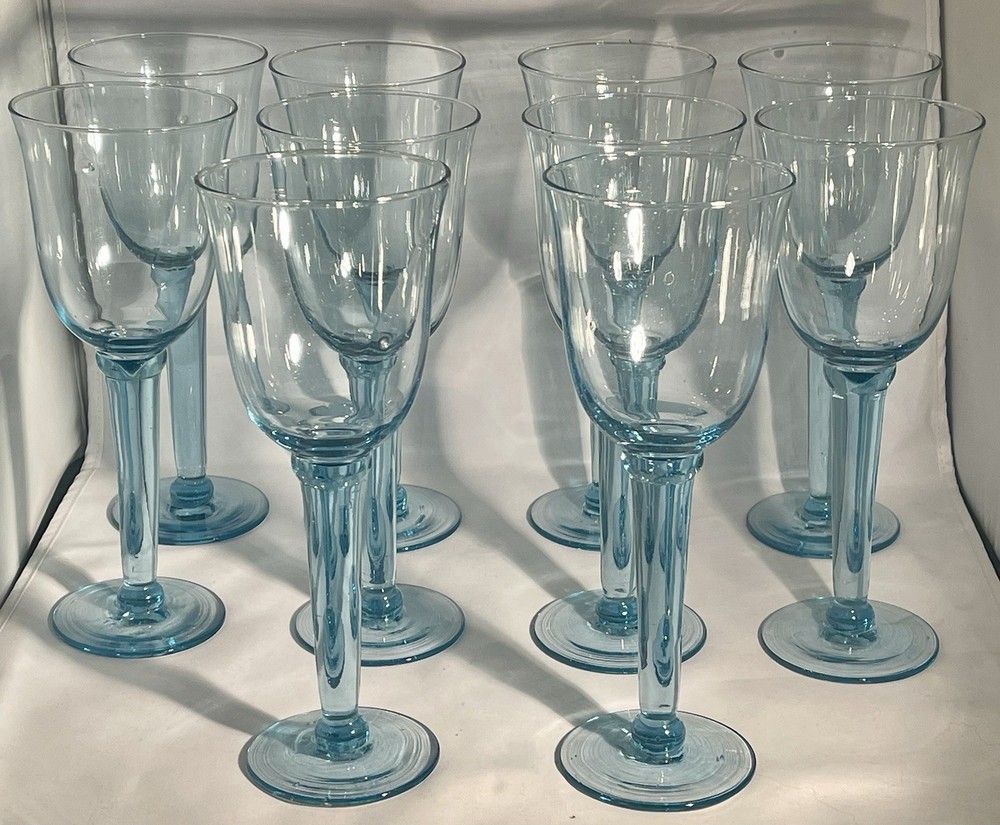 Set of 8 Blue Hue Vintage Glass Stem Glasses Goblets Wine Hand Blown Mexico