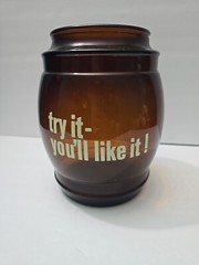 VTG SiestaWare Amber Glass Barrel Cookie Jar missing lid TRY IT-YOU’LL LIKE IT!