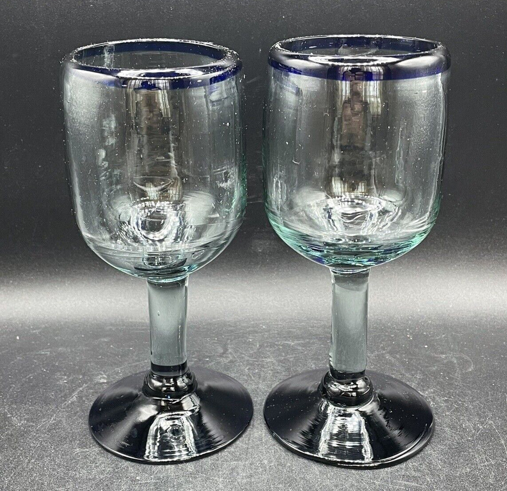 Hand Blown Goblets Set Colbalt Blue & Clear Pedestal Footed Heavy Glass Vintage