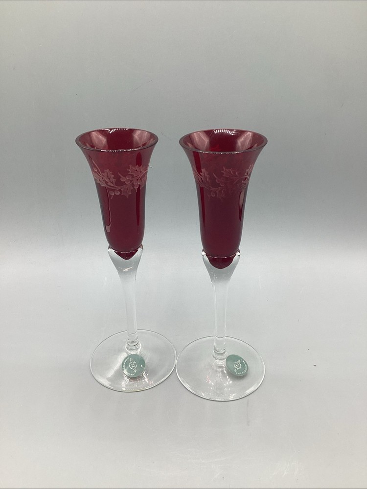 Lenox Holiday Gems Ruby Red Champagne Flutes Set of 2 Etched Holly Czech Vintage