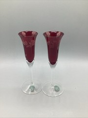 Lenox Holiday Gems Ruby Red Champagne Flutes Set of 2 Etched Holly Czech Vintage