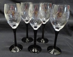 Set of 5 Wine Stems Etched Grapes Twist Black Stem 8 1/2″
