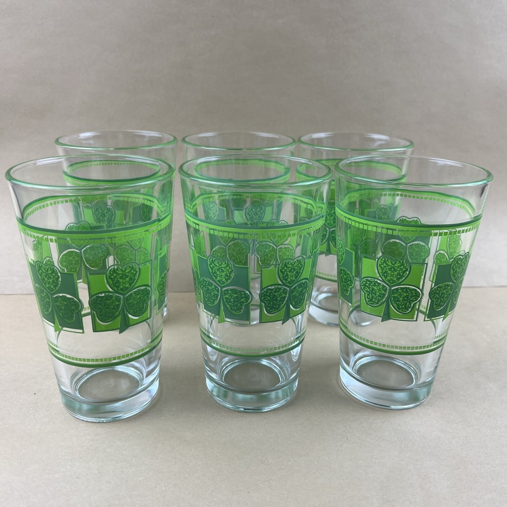 Vintage Libbey Shamrock Irish Clover Tumbler Set Of 6 Green 16 oz Glasses