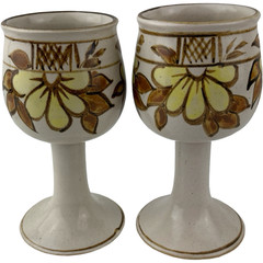 Studio Art Pottery Pedestal Goblets Chalice Wine Glasses Set of 2 Signed Vintage