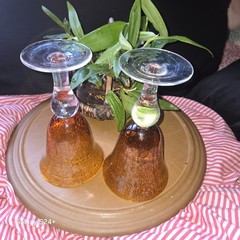 Vintage Amber Ruby Cased Art Glass Goblets Pair Controlled Bubble Hand Blown 8.5
