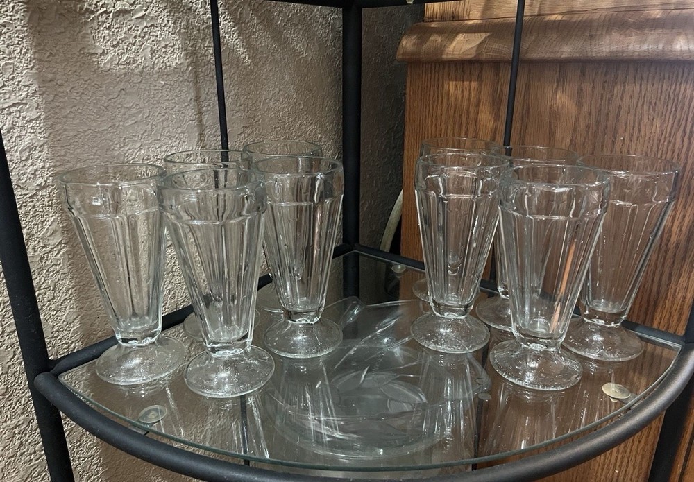 Retro Styled Milkshake Glasses Set Of 10 Paneled, Footed, Heavy Clear Glass